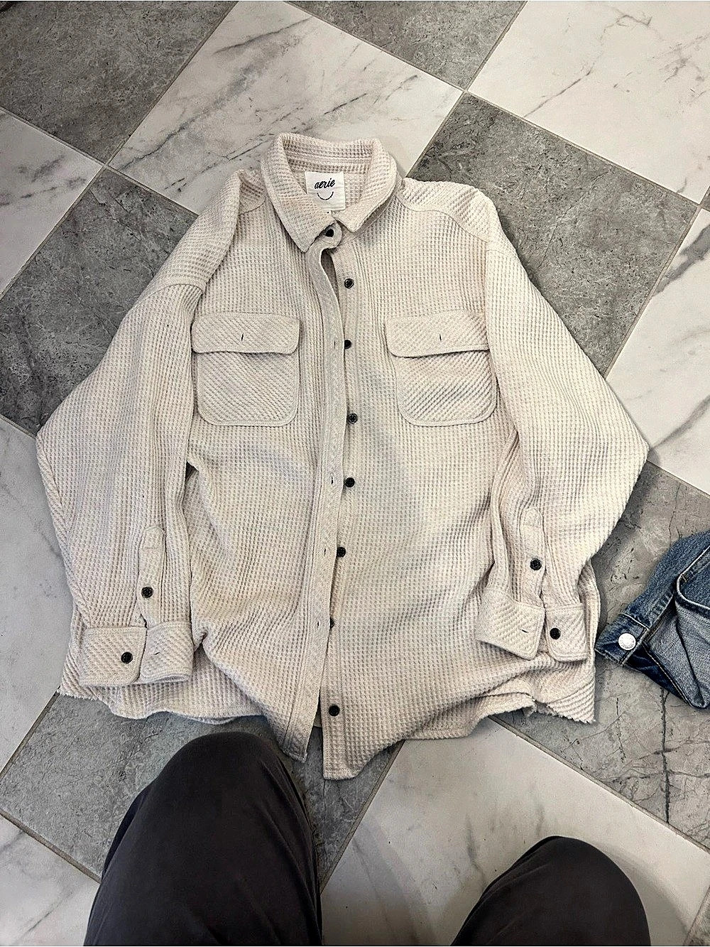 Aerie LumberJane Waffle Shirt Waffle Knit Button Down Cream Small